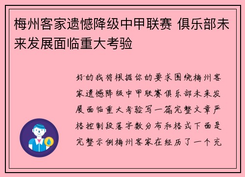 梅州客家遗憾降级中甲联赛 俱乐部未来发展面临重大考验
